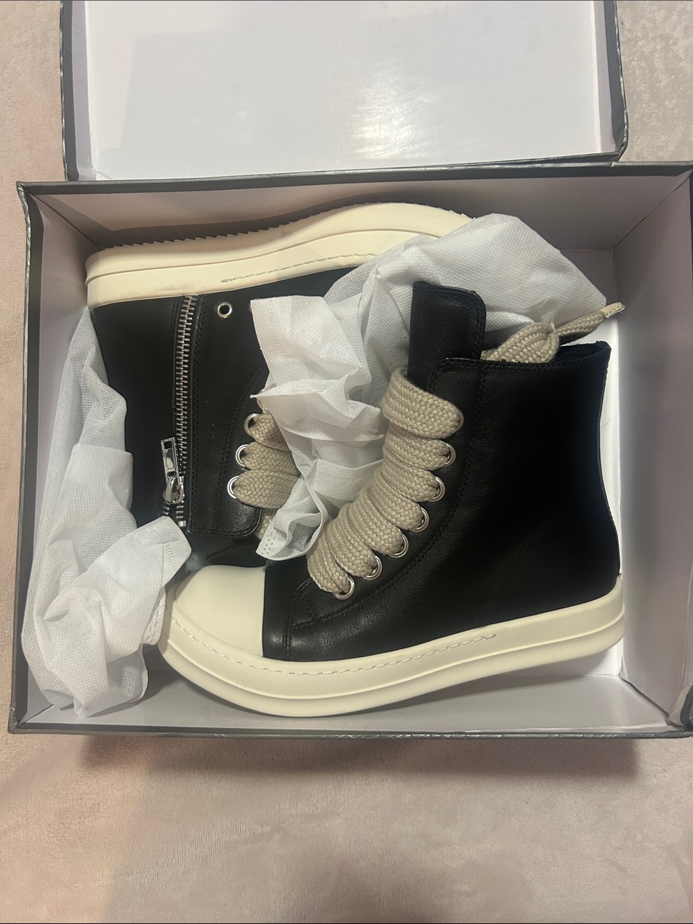 Rick Owens Black Leather Lace-Up High-Top Boots with Cream Laces and White Soles